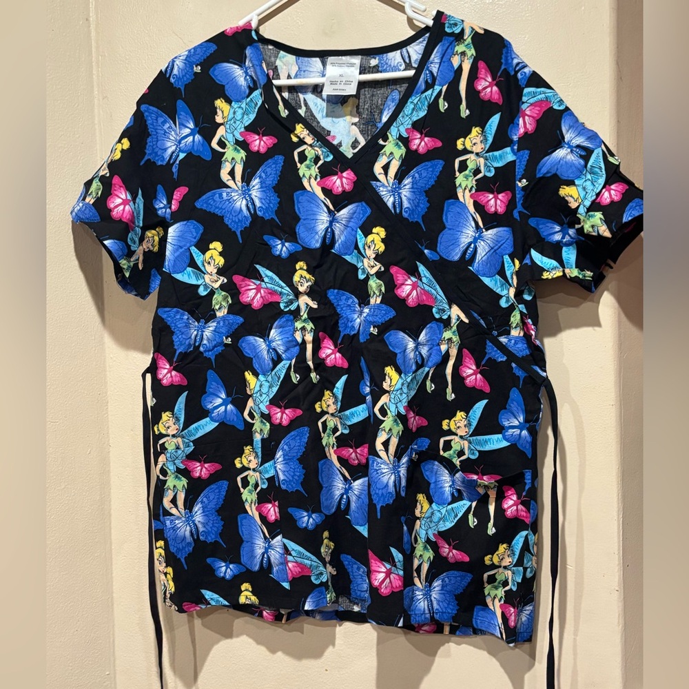 Colorful Butterfly and tinkerbel Print Scrub Top